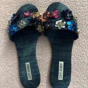 Cape Robbin Denim Sandals with Colorful Floral Accents